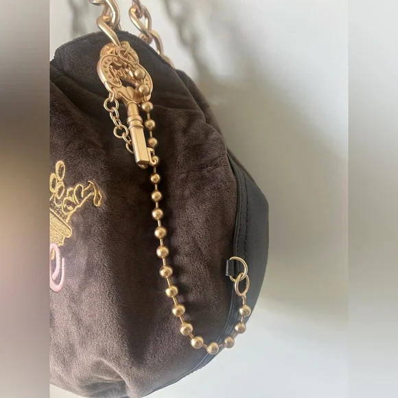 Viral Juicy Couture Brown Four Poster Key to Juicy Crown Satchel Bag with charms